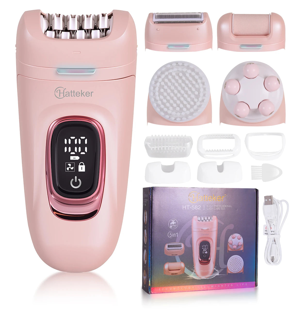Hatteker 2-in-1 Epilator Hair Remover Leg Body Portable Lady Shaver Hair Removal Tool Underarms Facial Clipper for Women IPX7