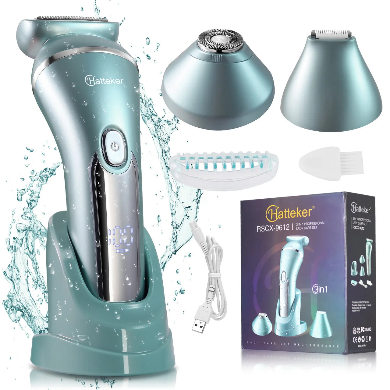 Hatteker 2-in-1 Epilator Hair Remover Leg Body Portable Lady Shaver Hair Removal Tool Underarms Facial Clipper for Women IPX7