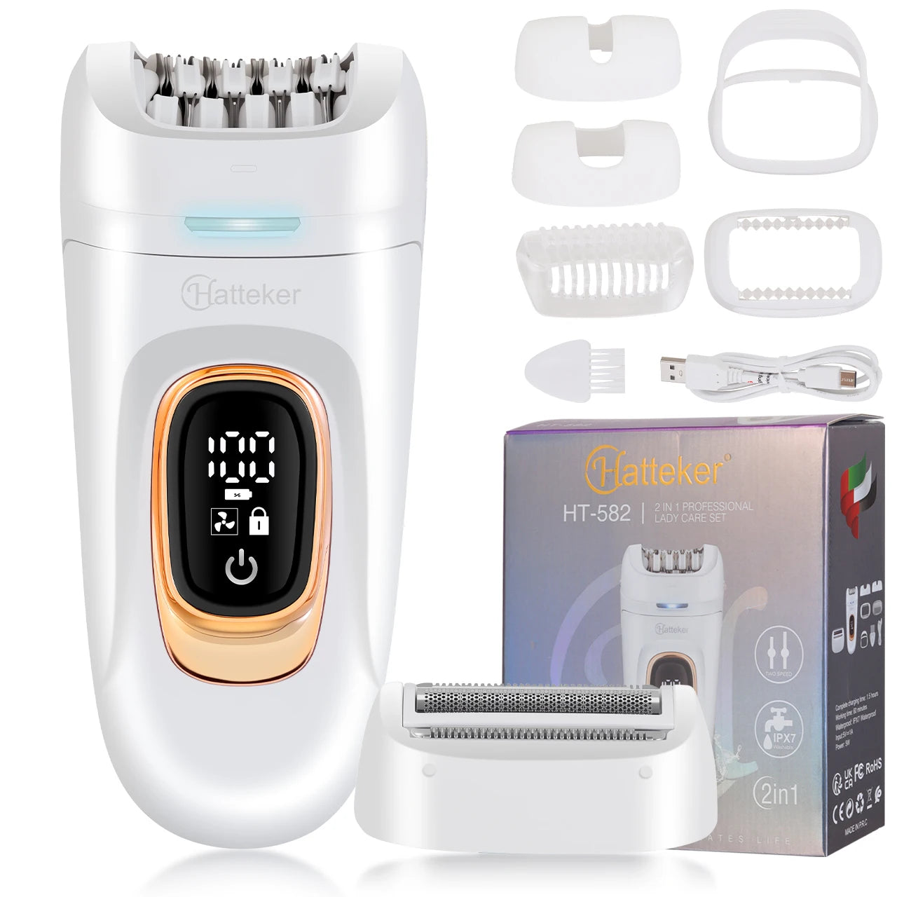 Hatteker 2-in-1 Epilator Hair Remover Leg Body Portable Lady Shaver Hair Removal Tool Underarms Facial Clipper for Women IPX7