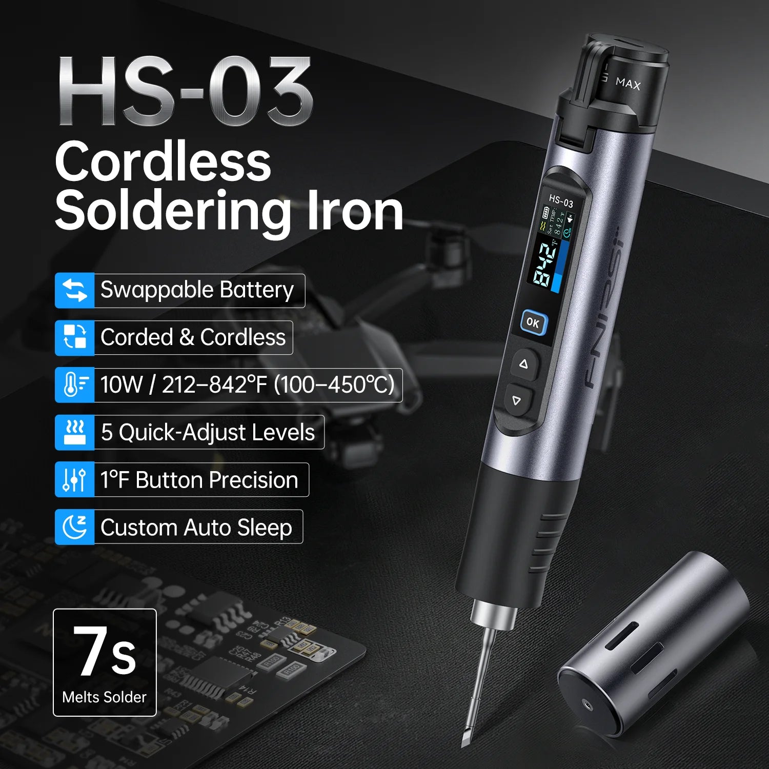 FNIRSI HS-03 Wireless Soldering Iron 10W Rechargeable Portable Soldering Iron 100-450℃ Adjustable Professional Soldering Kit